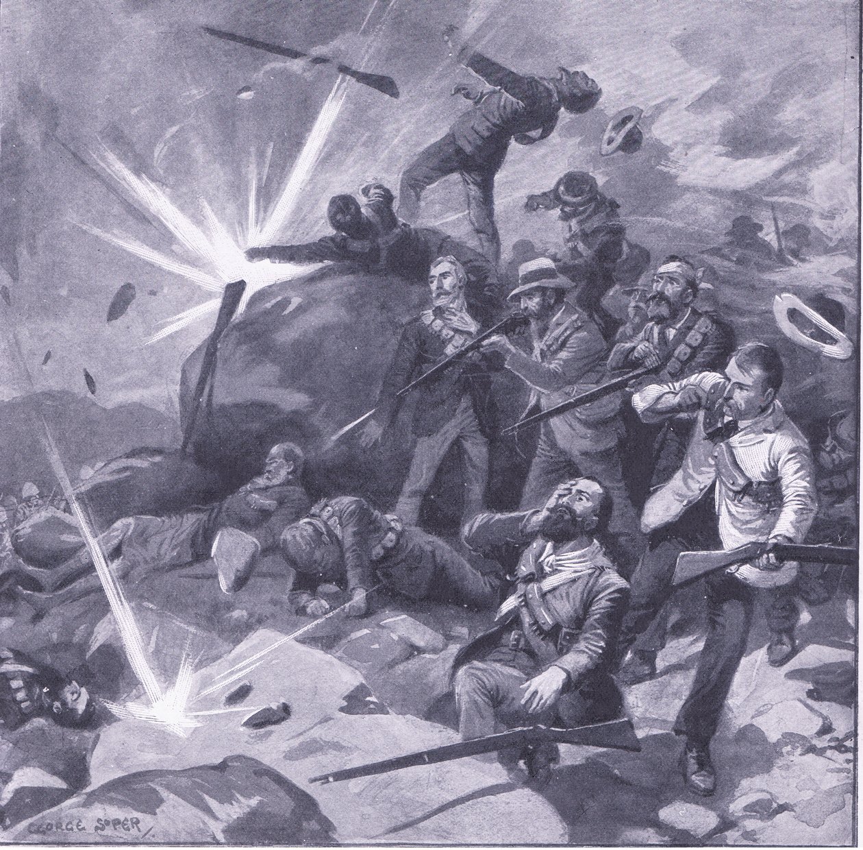 Den sidste stand for Johannesburg-politiet i Bergendal, illustration fra After Pretoria: The Guerilla War, 1902 af George Soper