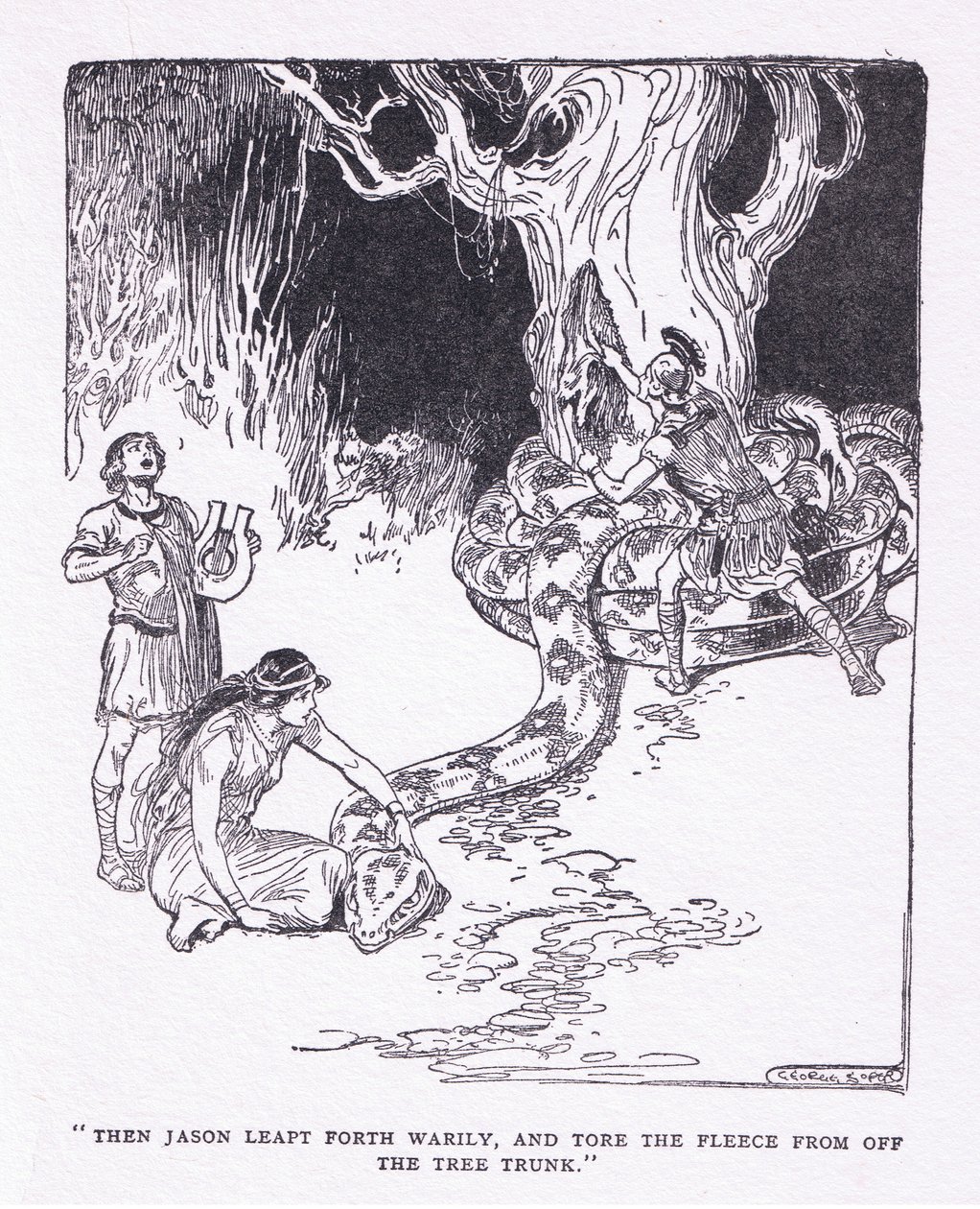 Så sprang Jason træt frem og rev fleece af træstammen, fra The Heroes udgivet af George Allen og Unwin 1929 (litho) af George Soper