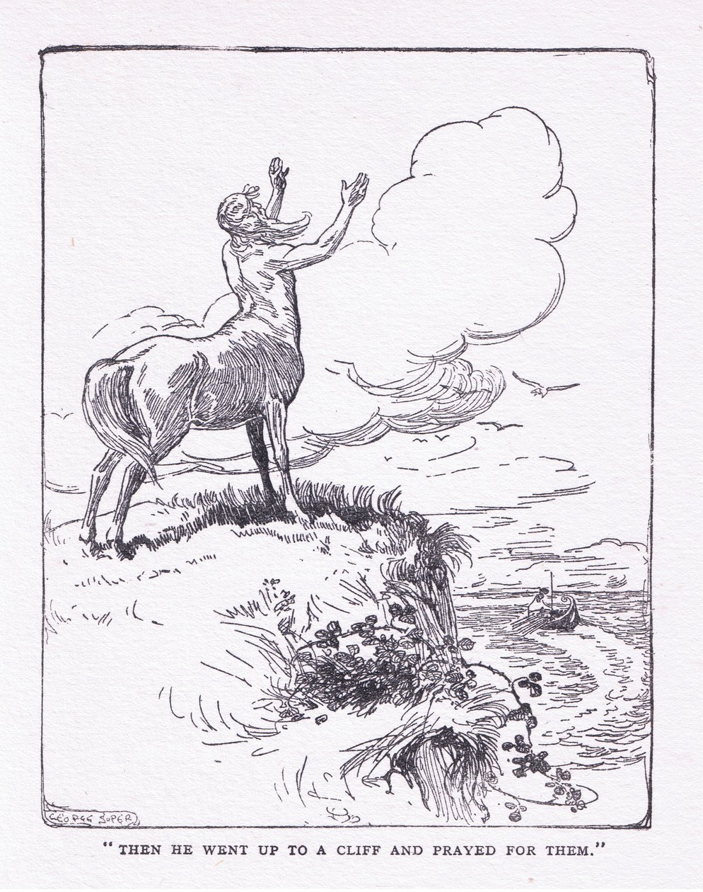 Så gik hun op ad klippen og bad for dem, fra The Heroes udgivet af George Allen og Unwin 1929 (litho) af George Soper