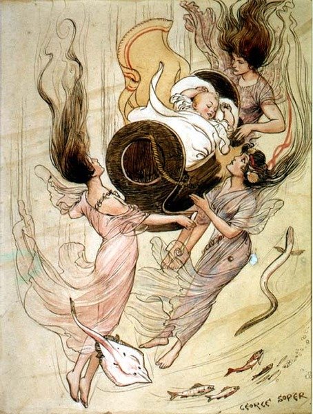 Tre havfruer og en baby (pen og blæk og akvarel) af George Soper