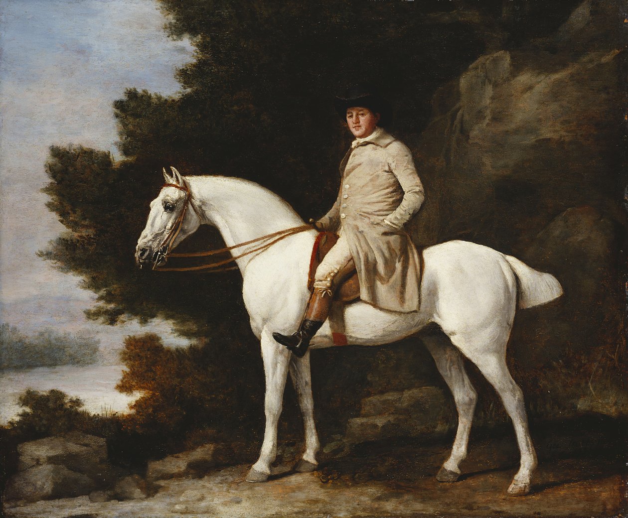 En gentleman på en grå hest i et klippefyldt skovlandskab, 1781 af George Stubbs