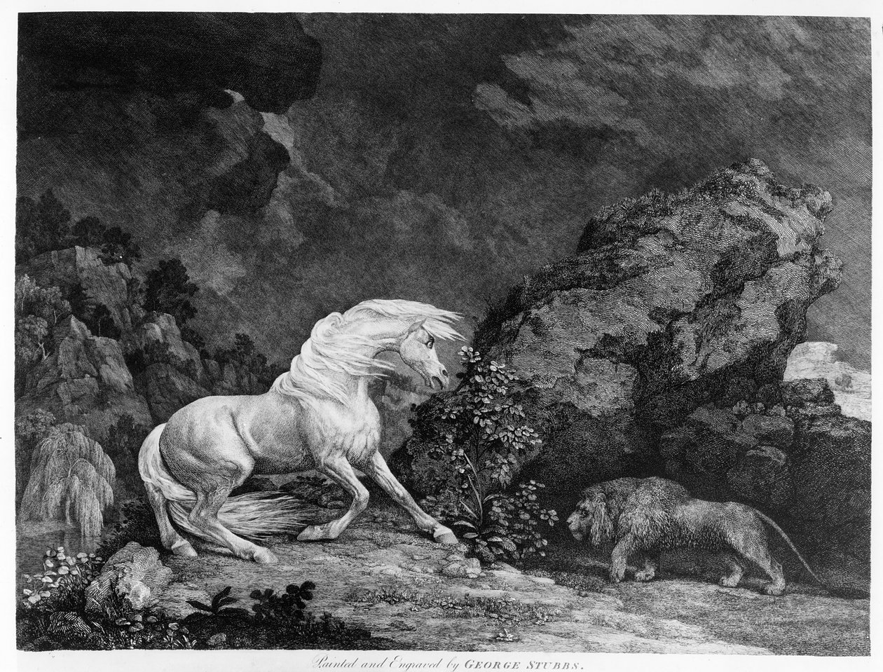 En hest skræmt af en løve, indgraveret af kunstneren, 1777 af George Stubbs