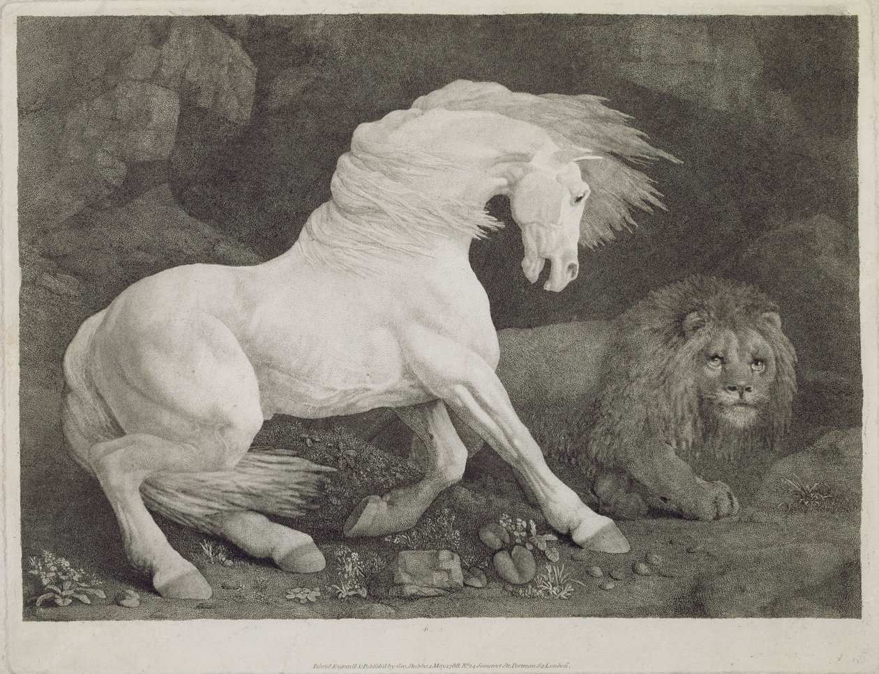 A Horse Frighted by a Lion, indgraveret af kunstneren, pub. 1788 af George Stubbs
