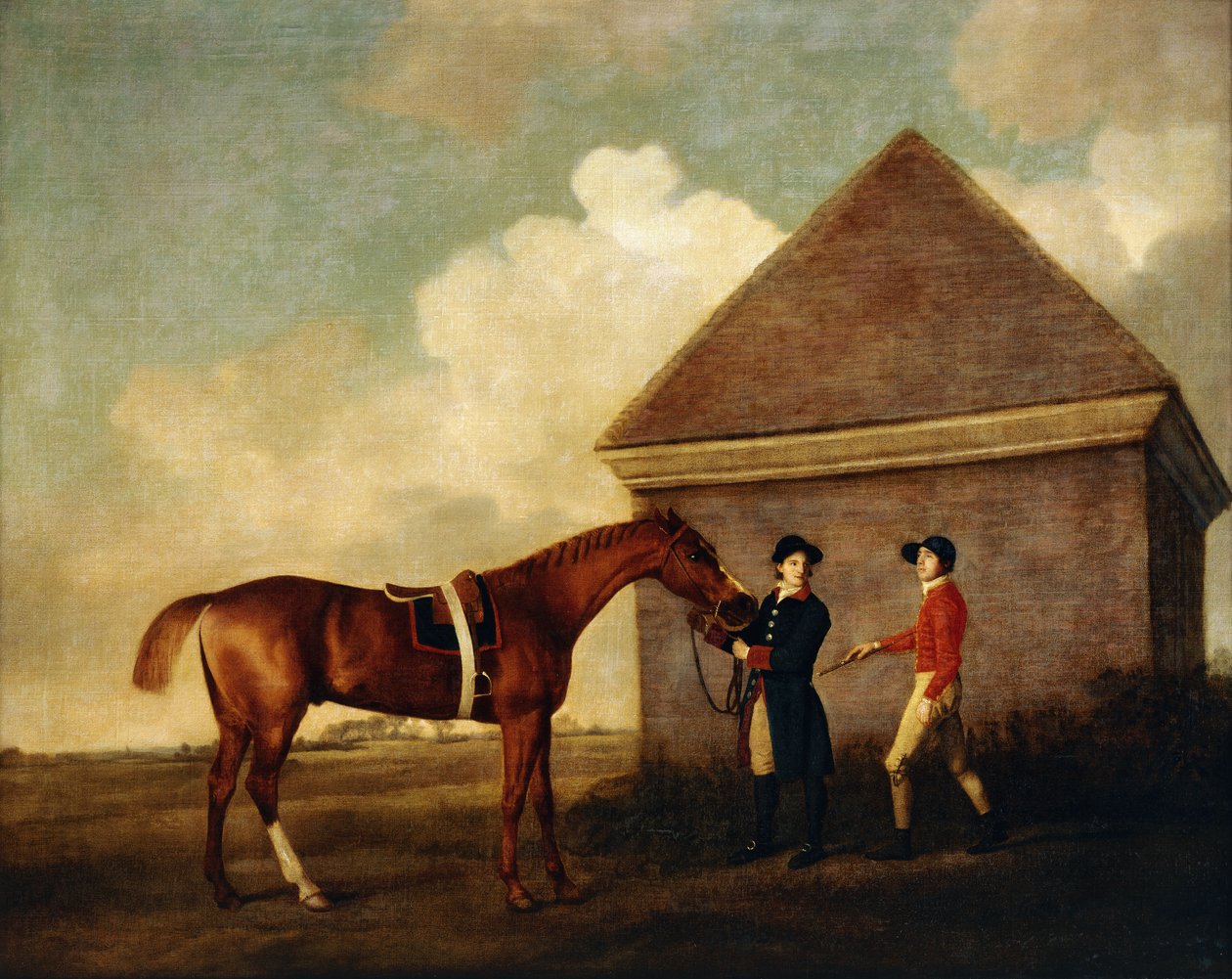 "Eclipse", en mørk kastanje væddeløbshest holdt af en brudgom, med en jockey, muligvis Jack Oakley, af Rubbing Down House på Newmarket, 1770 af George Stubbs