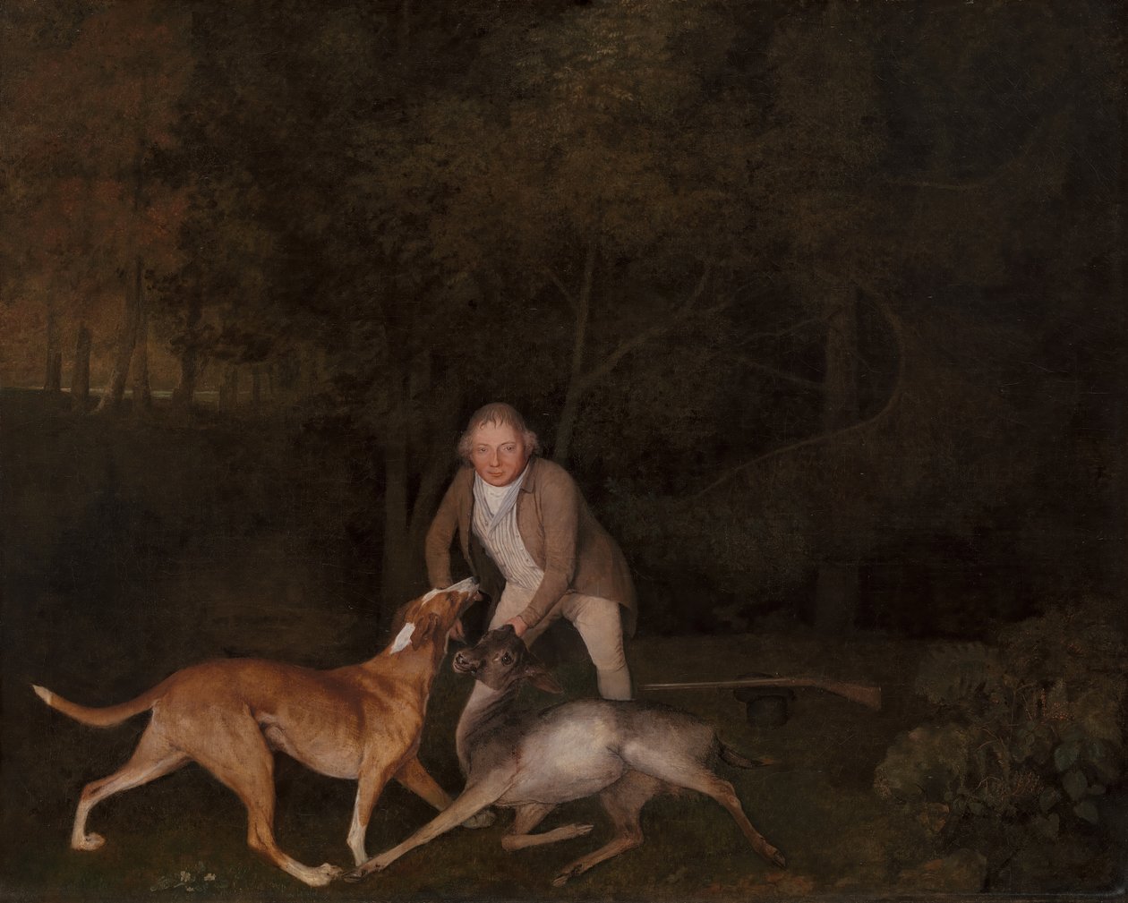 Freeman, jarlen af Clarendons jagtmand, med en døende då og hund, 1800. af George Stubbs