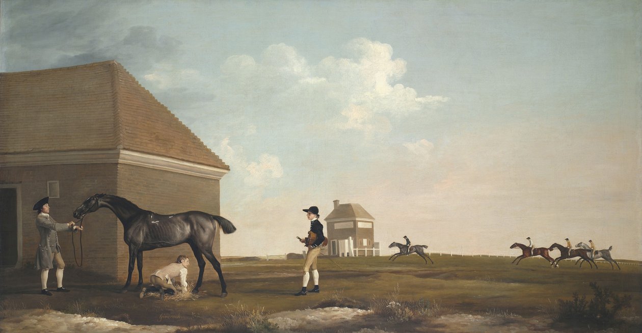 Gimcrack på Newmarket Heath, med en træner, en staldknægt og en jockey, 1765 af George Stubbs