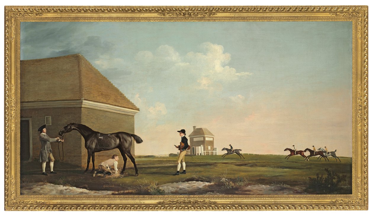 Gimcrack på Newmarket Heath med en træner, en jockey og en stabil dreng af George Stubbs