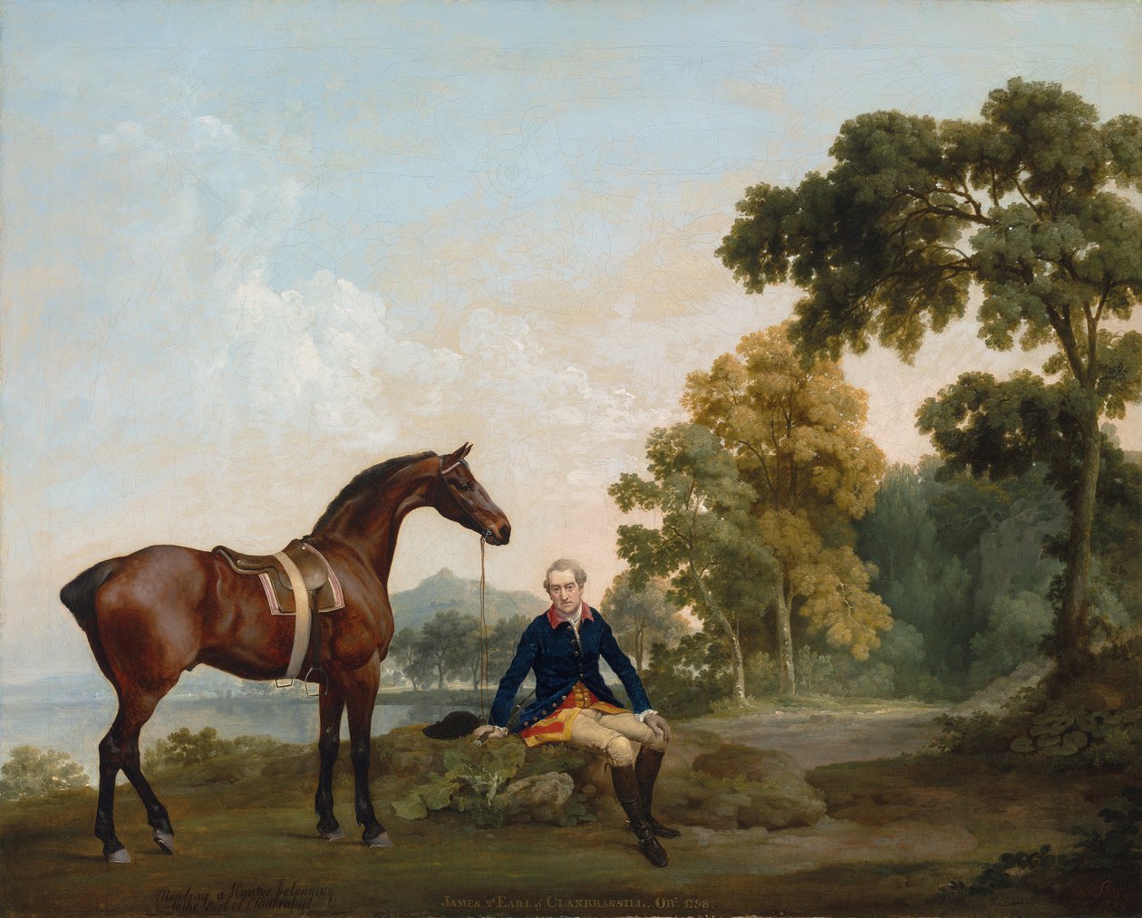 James Hamilton, 2. jarl af Clanbrassil (1730-1798), med sin bugtjæger Mowbray, hvilende på en skovklædt sti ved en sø af George Stubbs