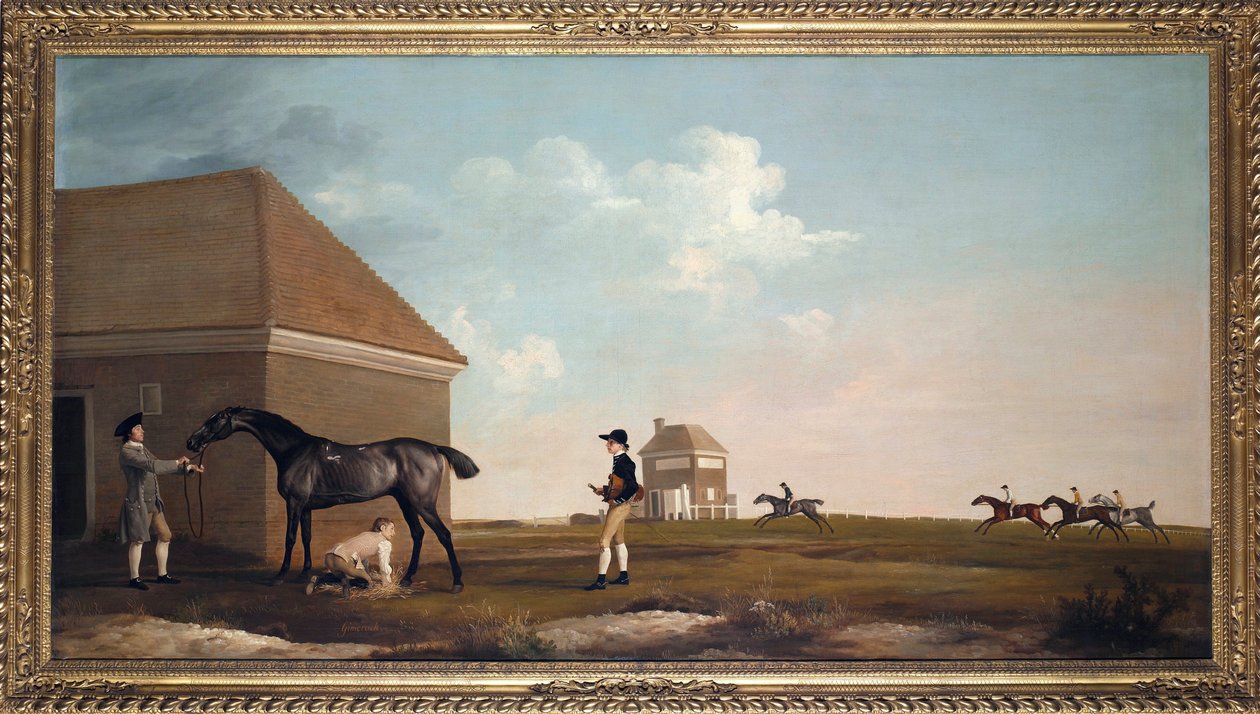 ""Væddeløbshesten Gimcrack på Newmarket Heath med træner, dreng og jockey"" Maleri af George Stubbs (1724-1806) 1765 Dim 101,6x194 cm Privat samling af George Stubbs
