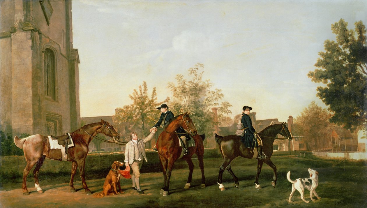Lord Torringtons jagttjenere på vej ud fra Southill, Bedfordshire, ca. 1765-8 af George Stubbs