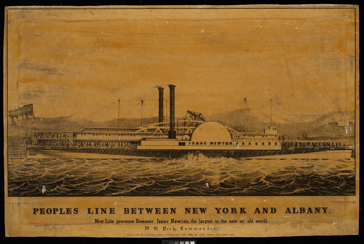 Peoples Line mellem New York og Albany. Ny lavtryksdamper Isaac Newton, den største i den nye eller gamle verden (litografi) af George T. (after) Sanford