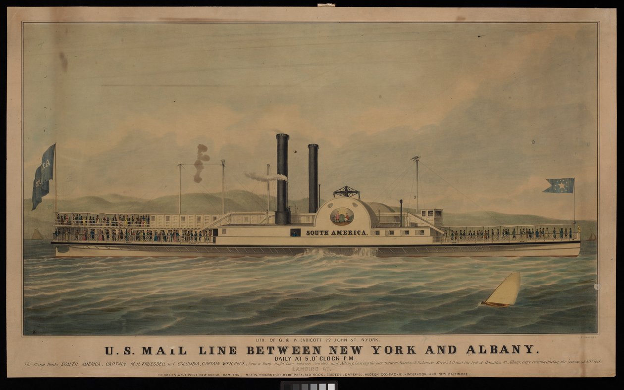 US Mail Line mellem New York og Albany hver dag kl. 17.00.... (litografi, farvelagt) af George T. (after) Sanford