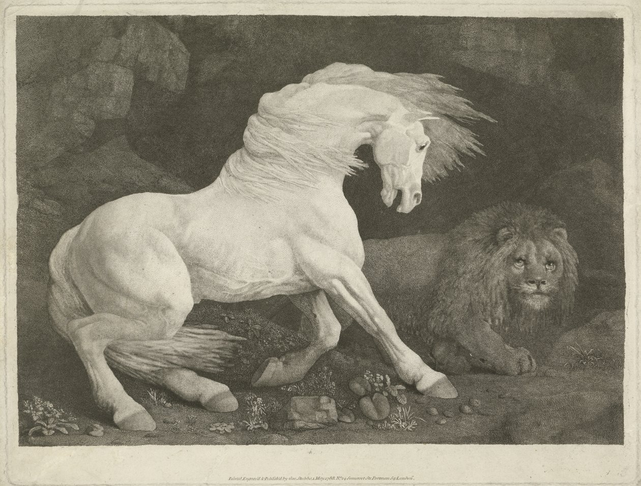 Hesten og løven, 1770 (mezzotint) af George Townley Stubbs