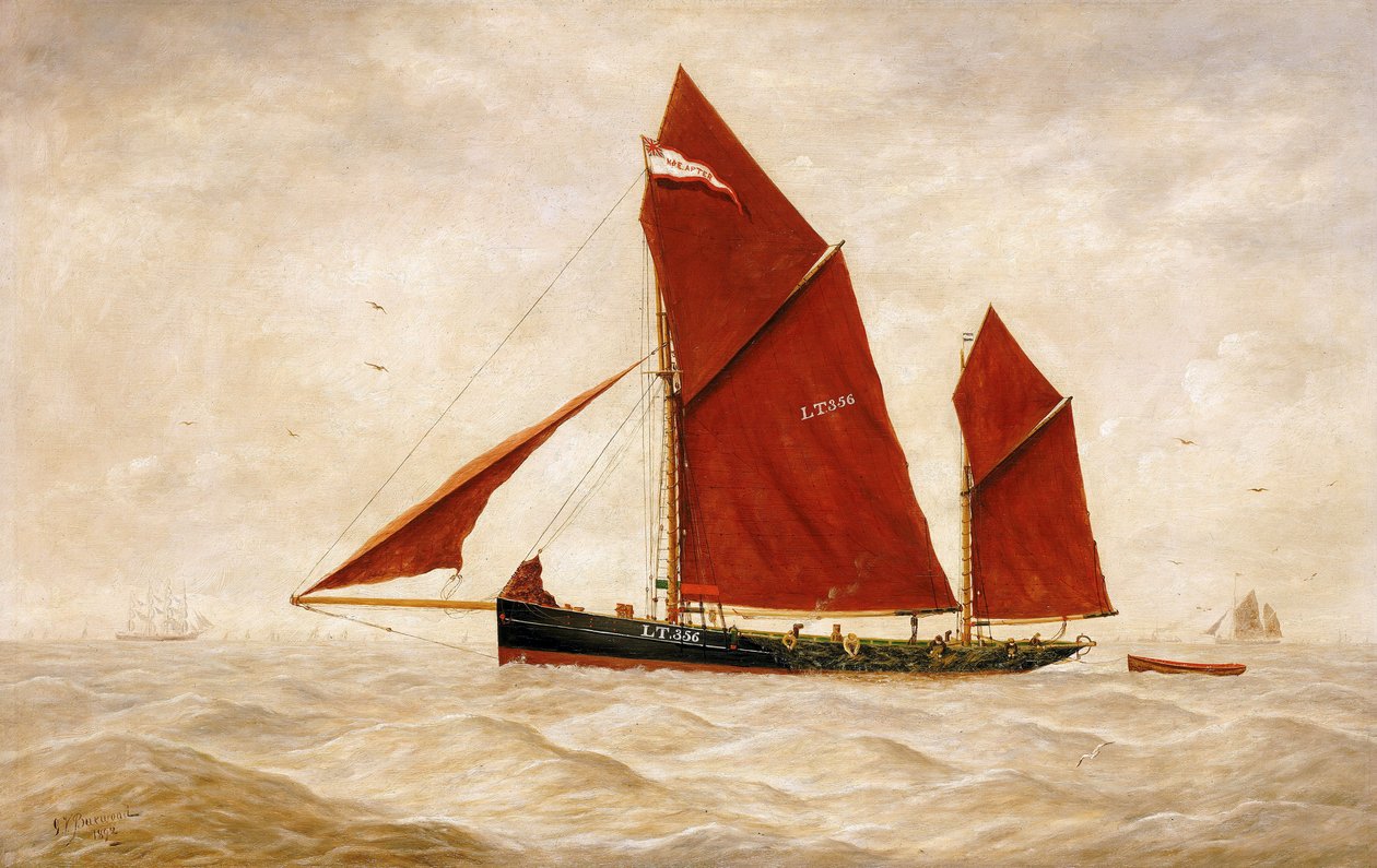 En fisketrawler fra Lowestoft Company med de karakteristiske røde sejl. Olie på lærred af George Vempley Burwood