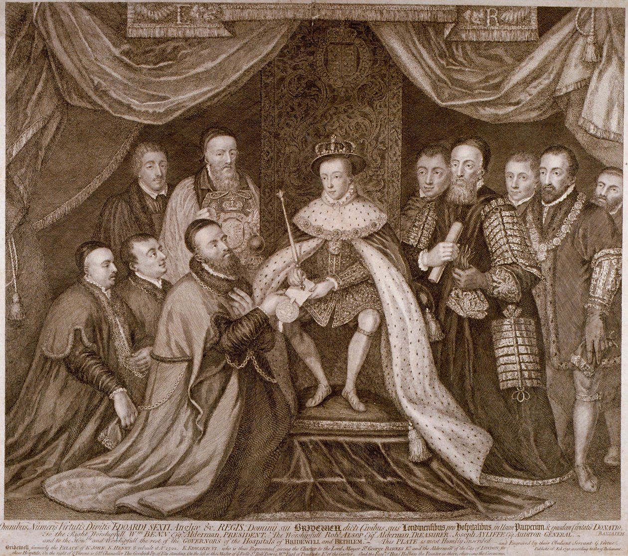Edward VI underskriver et charter, der giver Bridewell til City of London for et arbejdshus, 1552 1750 af George Vertue