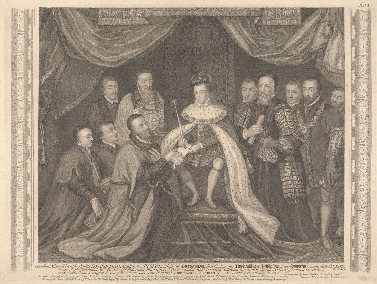 Kong Edward VI præsenterer Charter for Bridewell til Sir George Barnes af George Vertue