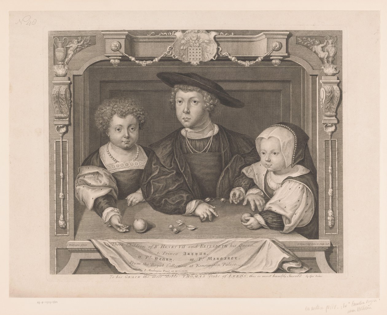 Portret van Dorothea, Johan En Christina van Denemarken Tre børn af K. Henry VII og Elizabeth hans dronning. I. Prince Arthur, ii. Pr. Henry, iii. PS. Margaret (titel på objekt) Portretten van de Tudors (serietitel) Historiske portrætter (serie af George Vertue