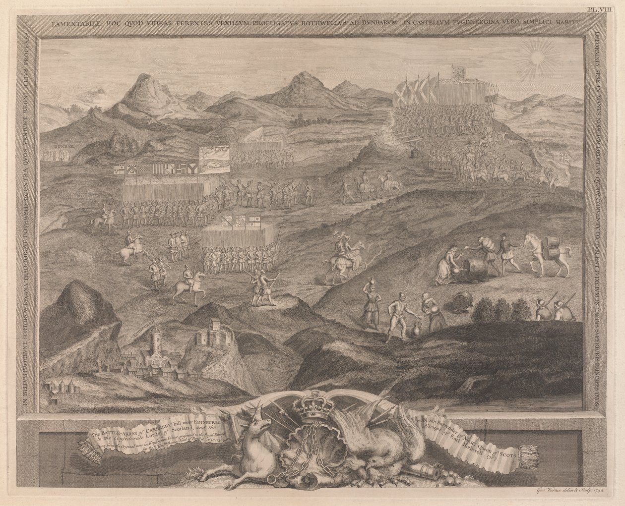 Battle-Array of Carberry-hill nær Edinburgh med Mary Queen of Scots overgivelse til de konfødererede Lords of Scotland og Earl Bothwells flugt, 1567 af George Vertue