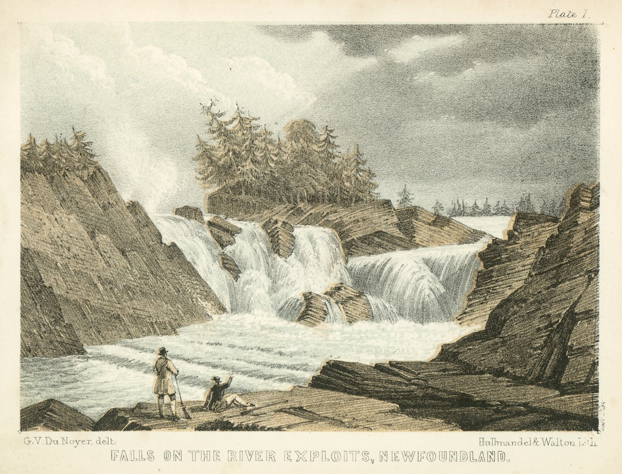 Vandfald ved floden Exploits, Newfoundland (koloreret stik) af George Victor Du Noyer