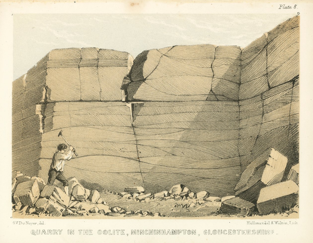 Stenbrud i Oolite, Minchinhampton, Gloucestershire (koloreret stik) af George Victor Du Noyer