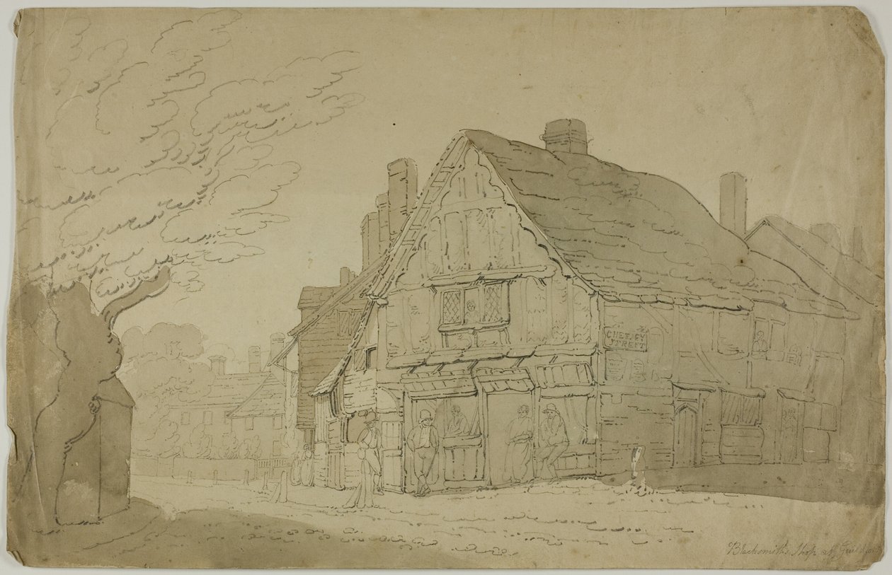 Smedeværksted i Guildford (recto); Skitse af to træstammer (verso) af George Wallwyn Shepheard
