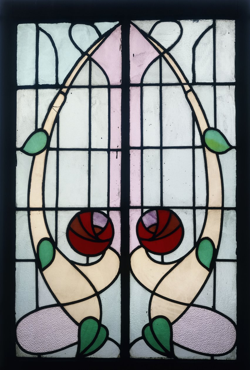 Et farvet glaspanel, der viser stiliserede roser (blyfarvet glas, træramme) af George Walton