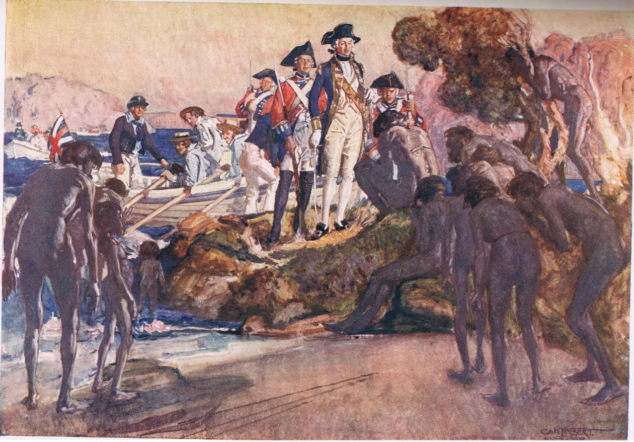 Guvernør Phillip i Sydney Cove (farve litho) af George Washington Lambert