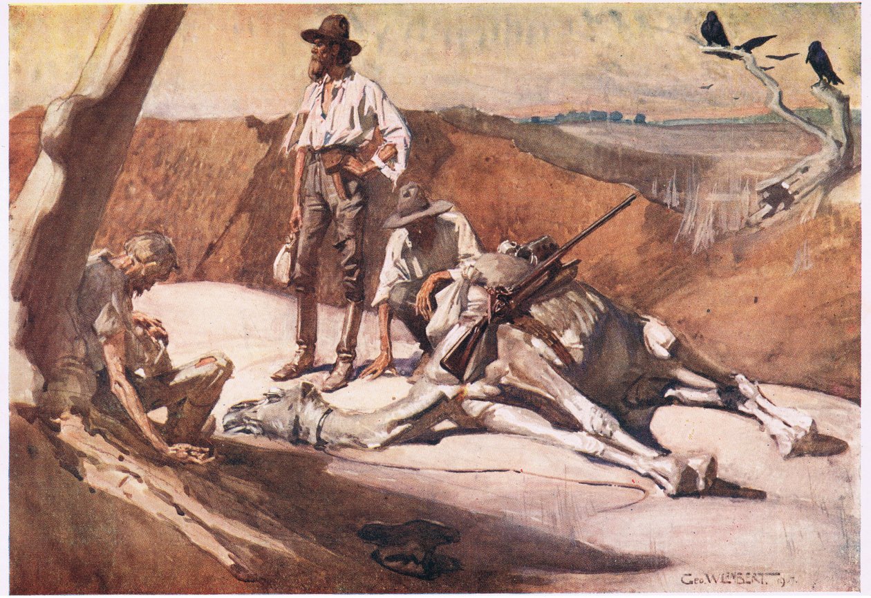 På vej til Mount Hopeless (farve litho) af George Washington Lambert