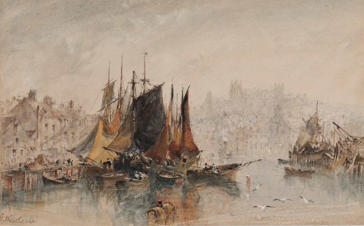 Whitby Harbor (blæk & wc på papir) af George Weatherill
