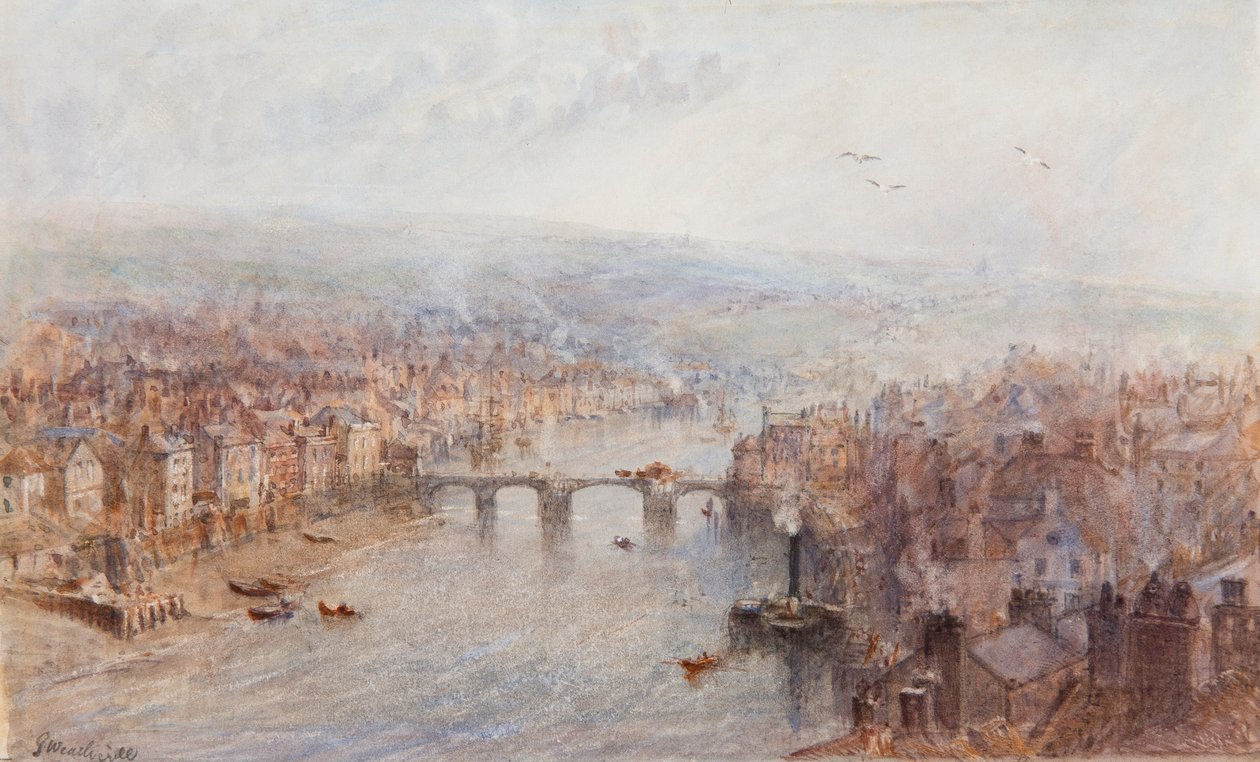Whitby og floden Esk, på en grå dag af George Weatherill