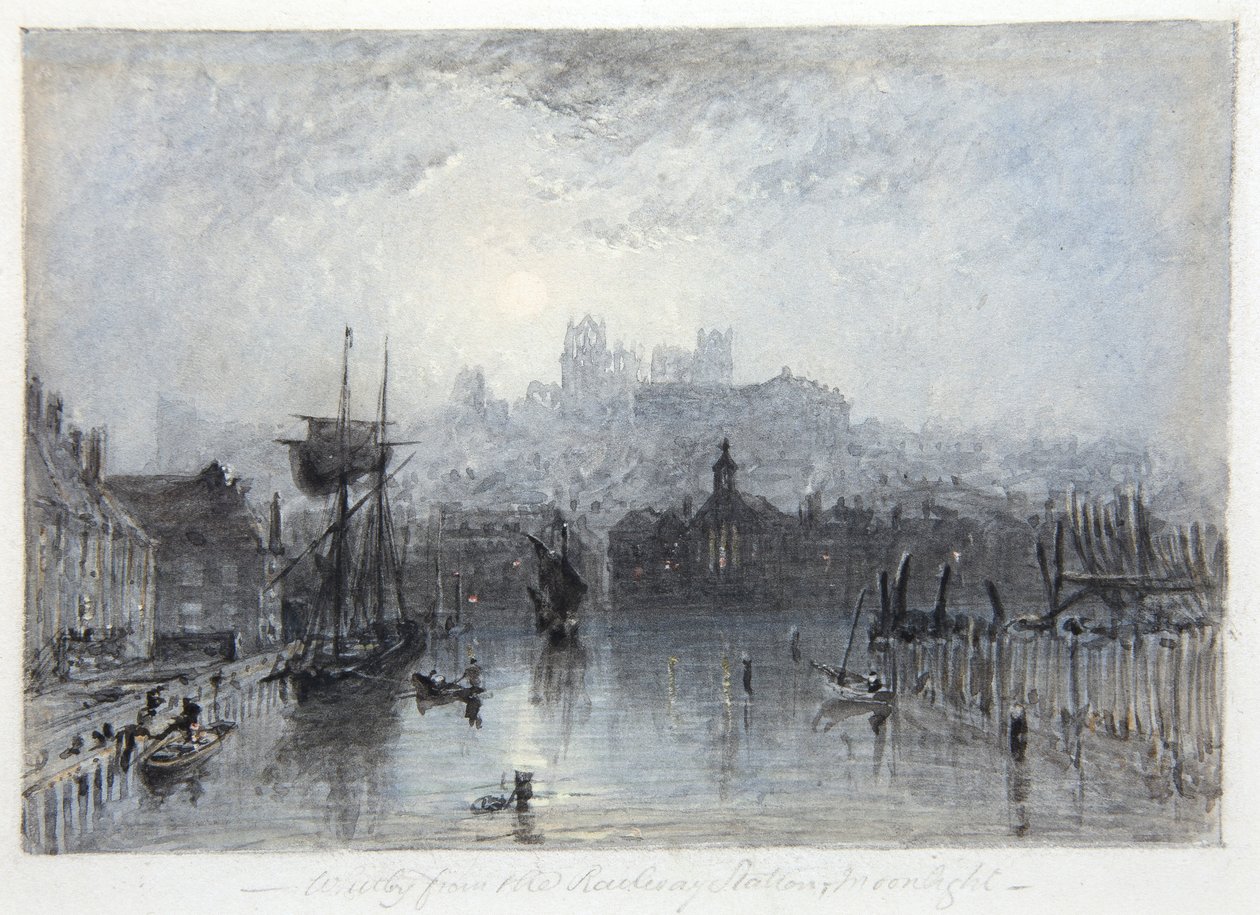 Whitby fra jernbanestationen; måneskin (akvarel) af George Weatherill