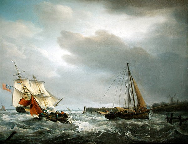 En britisk krigsmand passerer mundingen af en flodmunding (olie på lærred) af George Webster