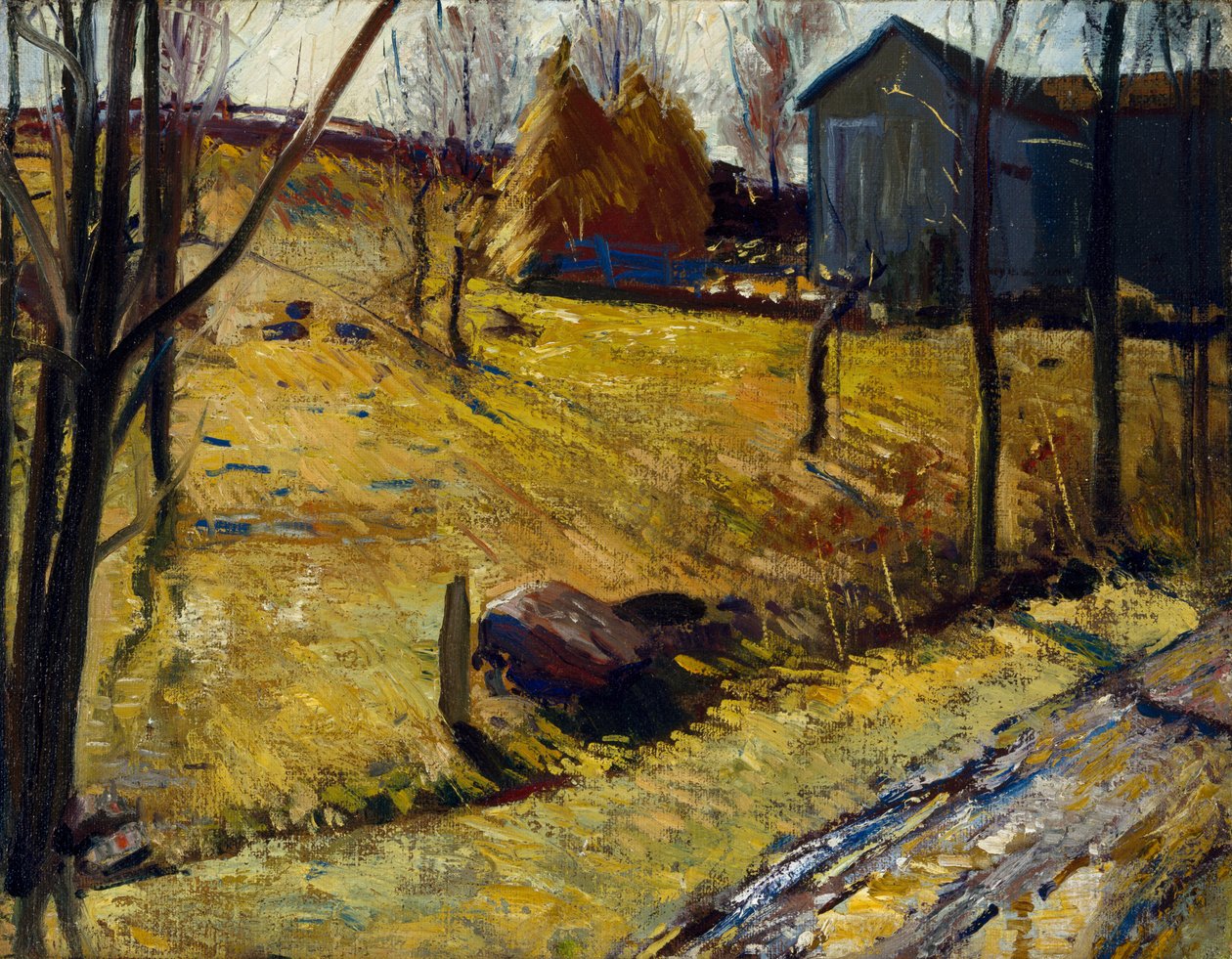 Høstakke og lade, 1909 af George Wesley Bellows