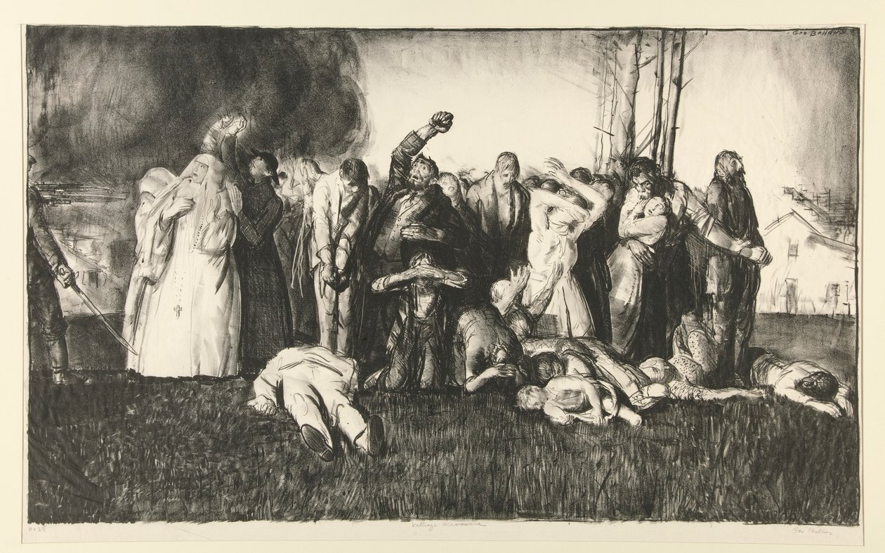 Village -massakre eller massakre på Dinant fra krigsserien af George Wesley Bellows