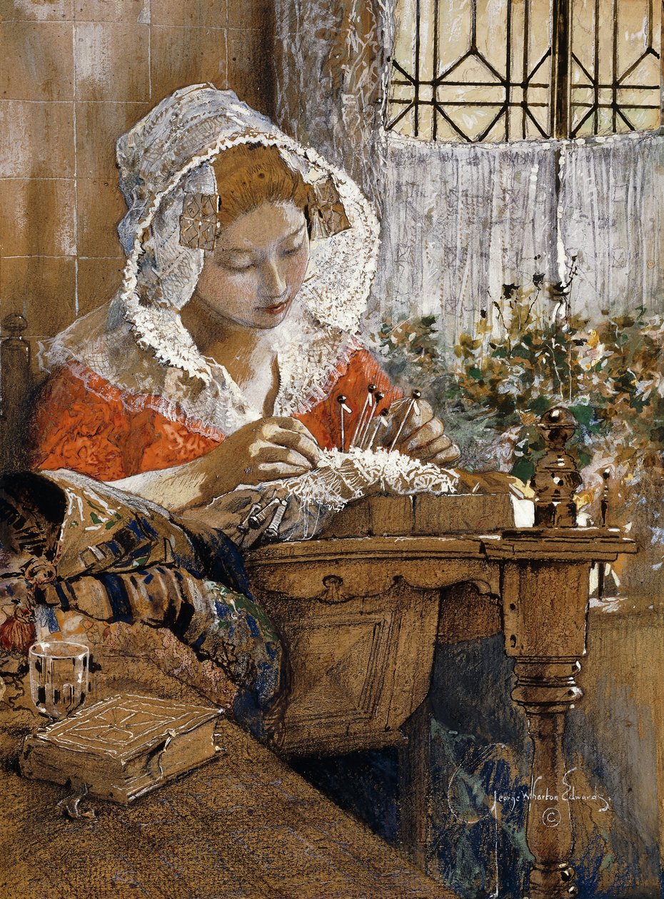 Den flamske blondemager, ca. 1925 (gouache, pastel og blyant på brunt papir) af George Wharton Edwards
