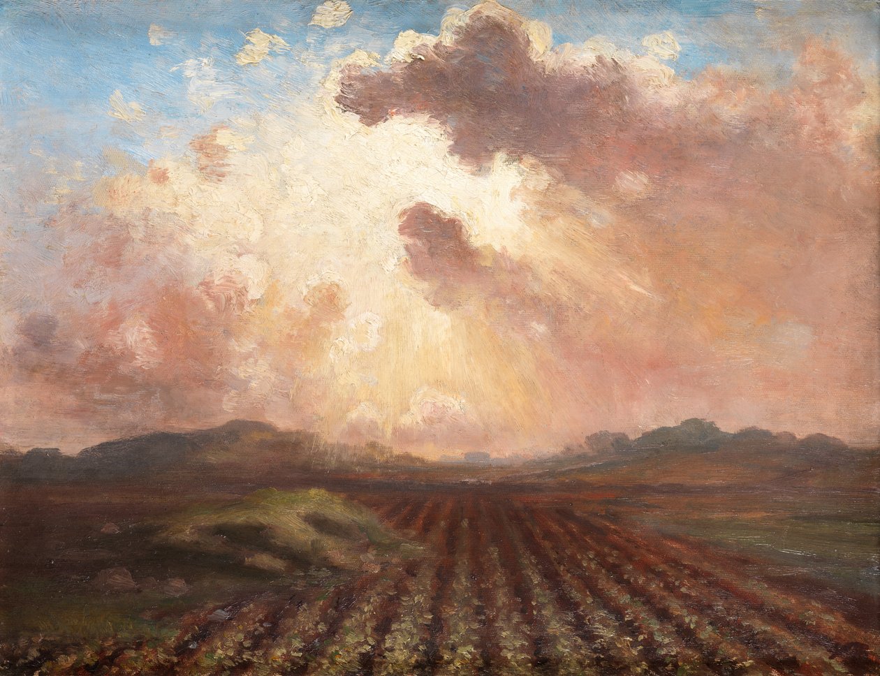 Aften i marken (olie på lærred) af George William Russell