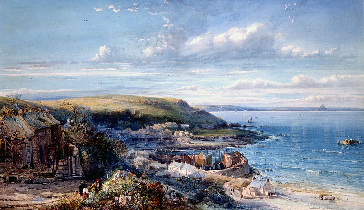 A Mounts Bay Fishing Village (musehul) 1860 (wc & kropsfarve på papir) af George Wolfe