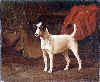 En Jack Russell, der står klar i et tackrum af George Wright