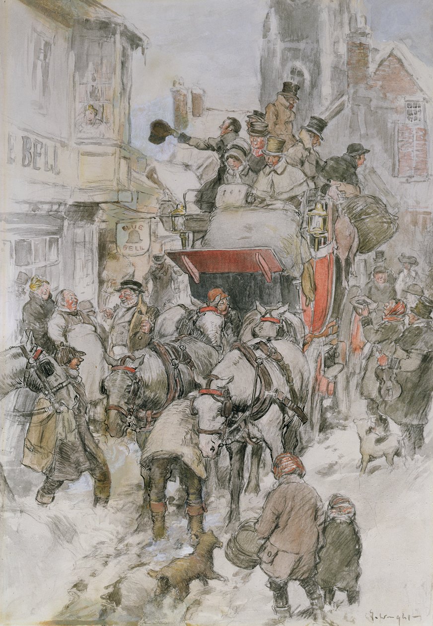 The Christmas Stagecoach (blyant, wc og kropsfarve) af George Wright