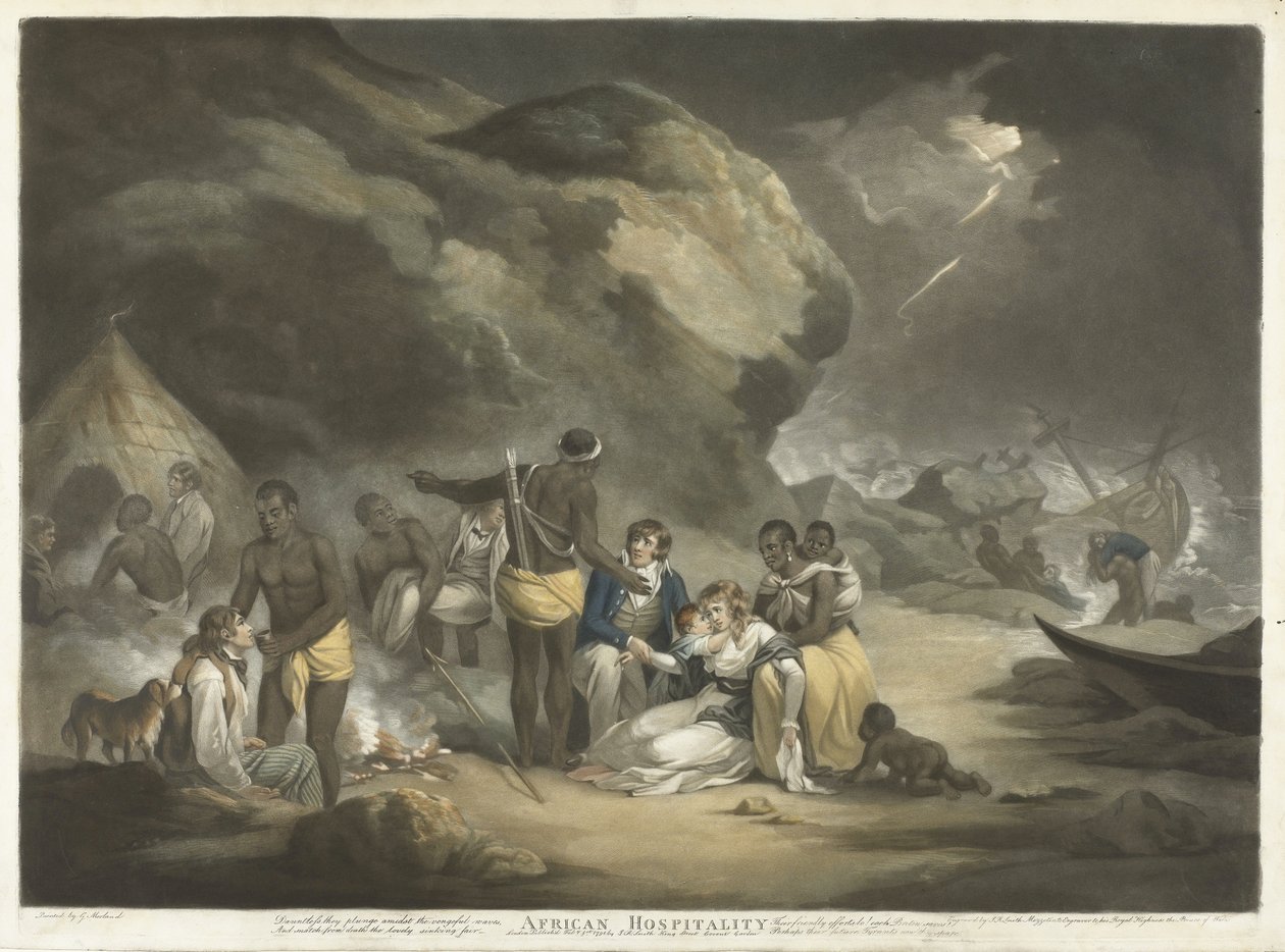 African Hospitality, pub.1791 (håndfarvet gravering) af George after Morland