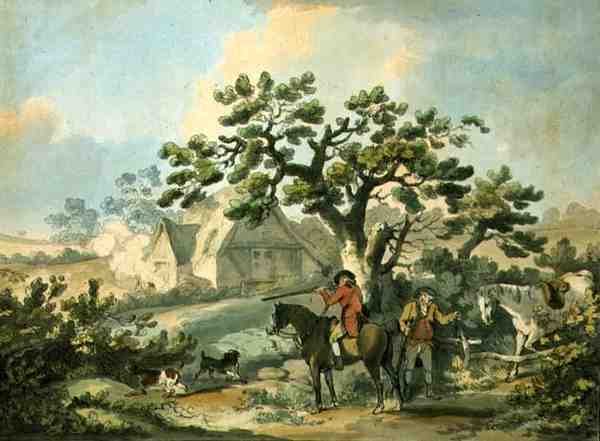 Agerhøneskydning, ætset af Thomas Rowlandson (1756-1827), pub. af J. Harris, 1789 (farvet radering) (se også 125724, 125726-27) af George after Morland