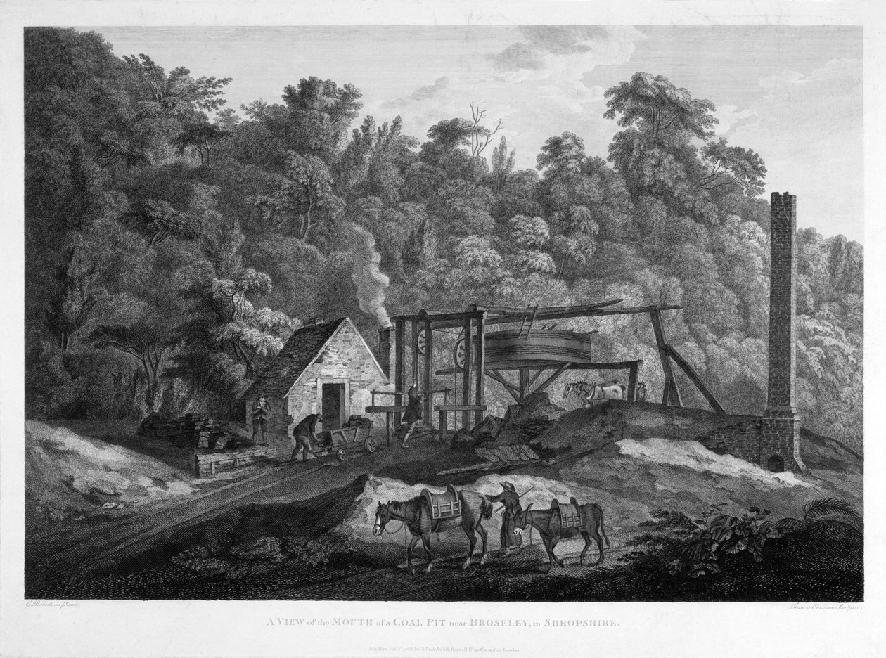 En udsigt over mundingen af en kulgrav nær Broseley i Shropshire, indgraveret af Francis Chesham (1749-1806) 1788 af George after Robertson