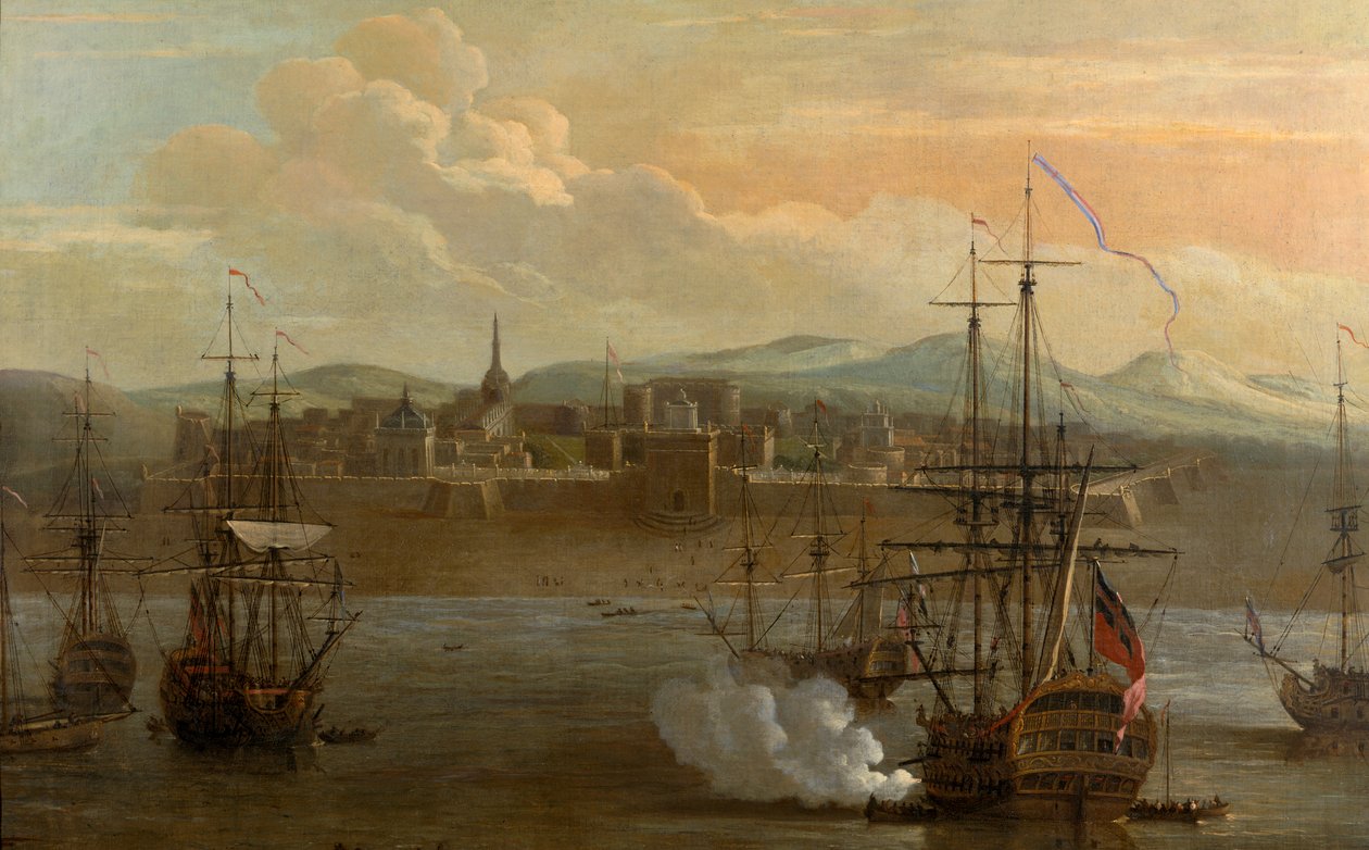 Et maleri af Fort St George i Madras, Indien. I 1731. Militærfort, og havn med skibe. Skibets kanon bliver affyret. Røg. Kamp. af George and Scott Samuel (1710 72) Lambert