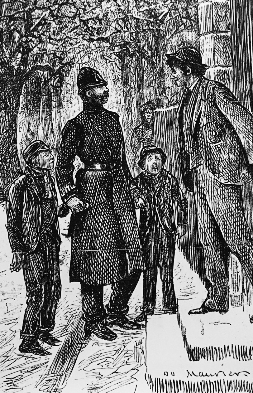En politimand fra London præsenterer to gade-arabere for den herre, foran hvis dørtrin de har lavet en rutsjebane på isen af George du Maurier