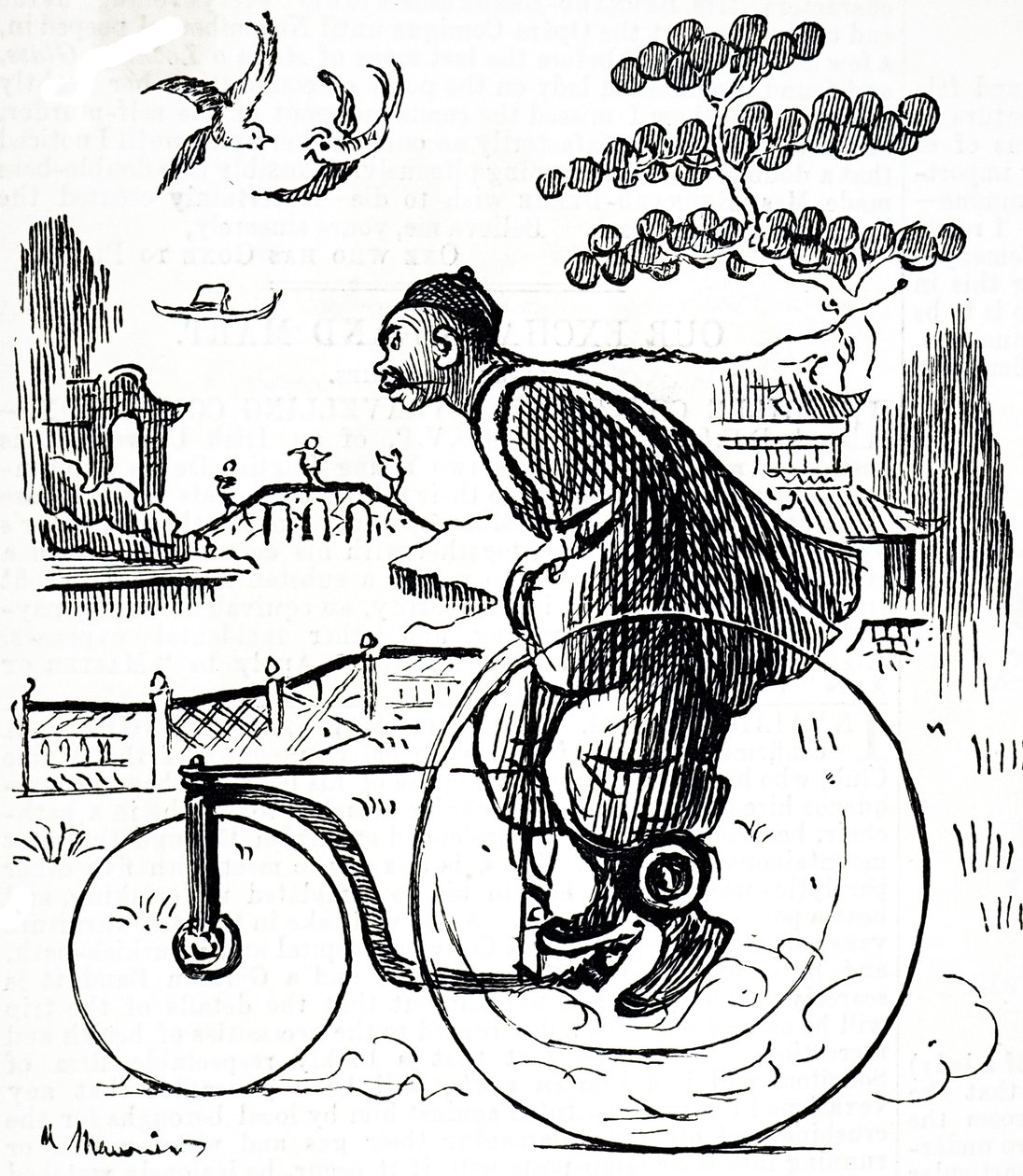 En tegneserie, der forestiller en kinesisk mand, der kører på en trehjulet cykel gennem en park i Kina. Illustreret George du Maurier (1834-1896), en fransk-britisk tegneserieskaber og forfatter af George du Maurier