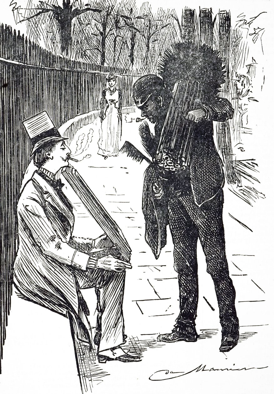 En tegneserie, der forestiller en skorstensfejer, der bærer sine børster gennem Londons gader. Illustreret af George du Maurier (1834-1896), en fransk-britisk tegneserieskaber og forfatter af George du Maurier