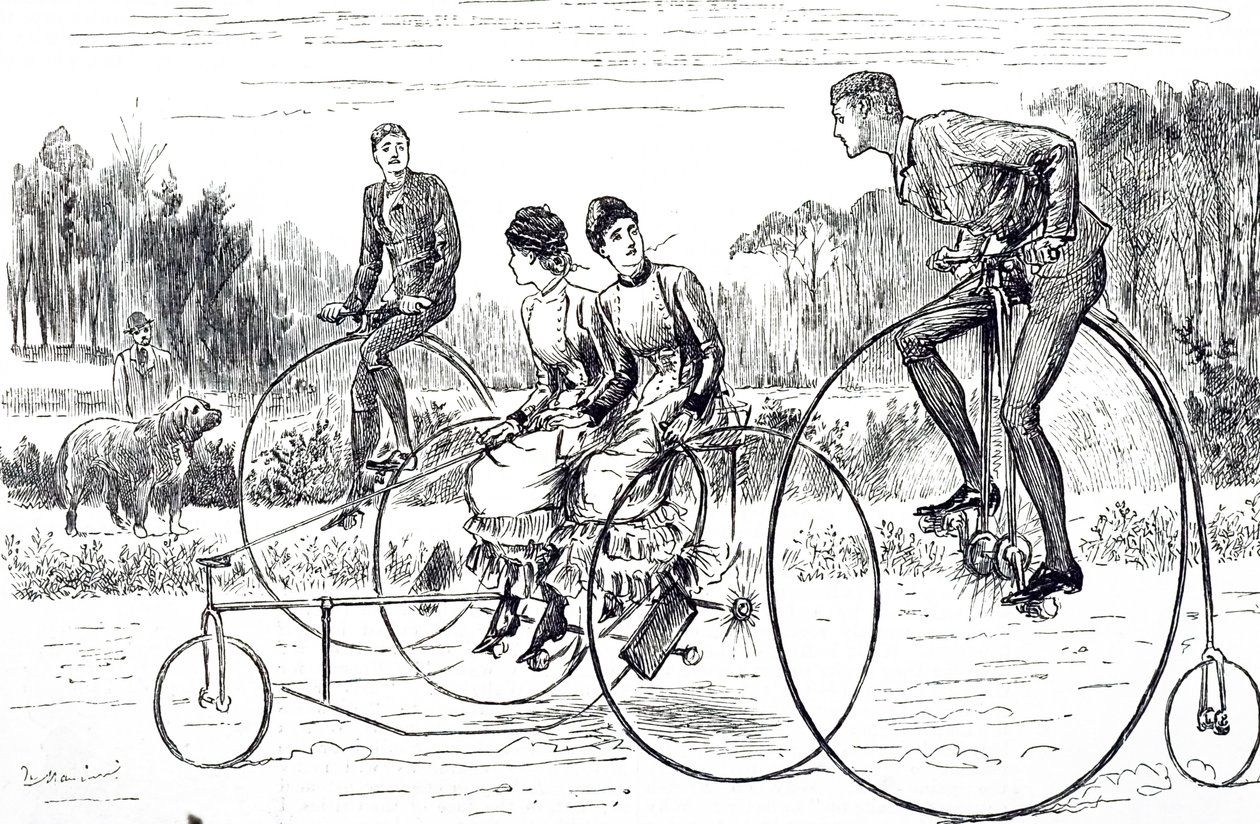 En tegneserie, der forestiller en gruppe unge mennesker, der kører på trehjulede cykel. Illustreret George du Maurier (1834-1896), en fransk-britisk tegneserieskaber og forfatter af George du Maurier