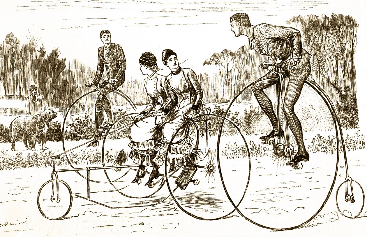 En tegneserie, der forestiller en gruppe unge mennesker, der kører på trehjulede cykel. Illustreret George du Maurier (1834-1896), en fransk-britisk tegneserieskaber og forfatter af George du Maurier