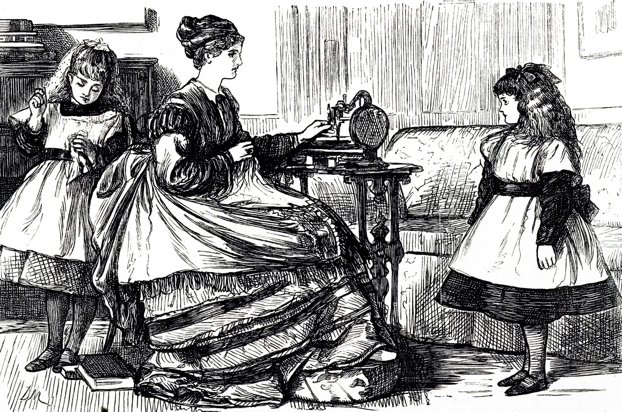 En tegneserie, der forestiller en ung mor, der bruger en symaskine. Illustreret af George du Maurier (1834-1896), en fransk-britisk tegneserieskaber og forfatter af George du Maurier