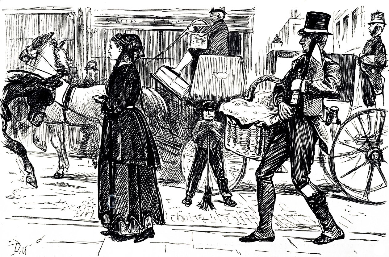 En tegneserie, der skildrer kooperative butikkers tidlige dage. Illustreret af George du Maurier (1834-1896), en fransk-britisk tegneserieskaber og forfatter af George du Maurier